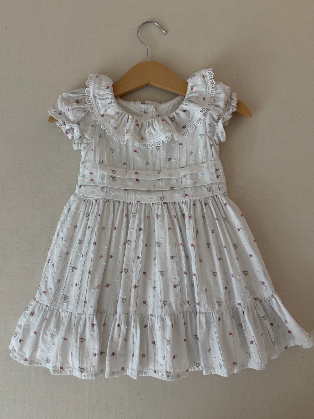 Janie and Jack Girl White Dress with Red/Pink Floral Embroidery & Ruffle Collar